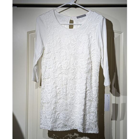 Love Appella NWT Stitch Fix Fifi Over Lay Lace Knit Top White Womens' Sz M - Picture 1 of 13